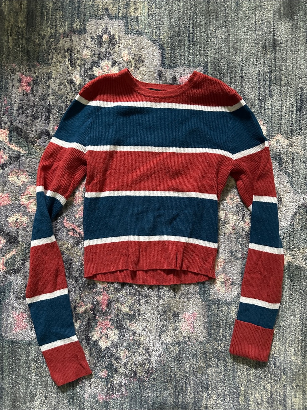 Forever 21 Orange, Navy & White Striped Long Sleeve Sweater Autumn Collegiate